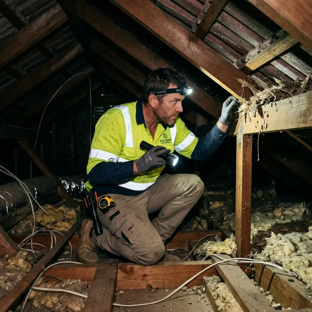 Technician inspecting a roof cavity for a dead animal in Gardenvale